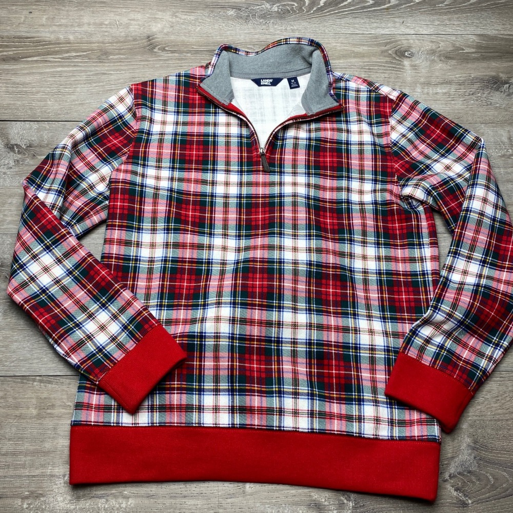 Lands' End Shirt Pullover Quarter Zip Mens‎ M Red Plaid Cotton Blend Holiday